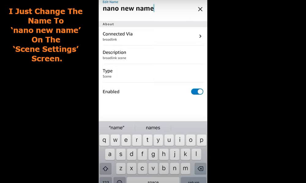 I will just change the name to ‘nano new name’ on the ‘Scene Settings’ screen.