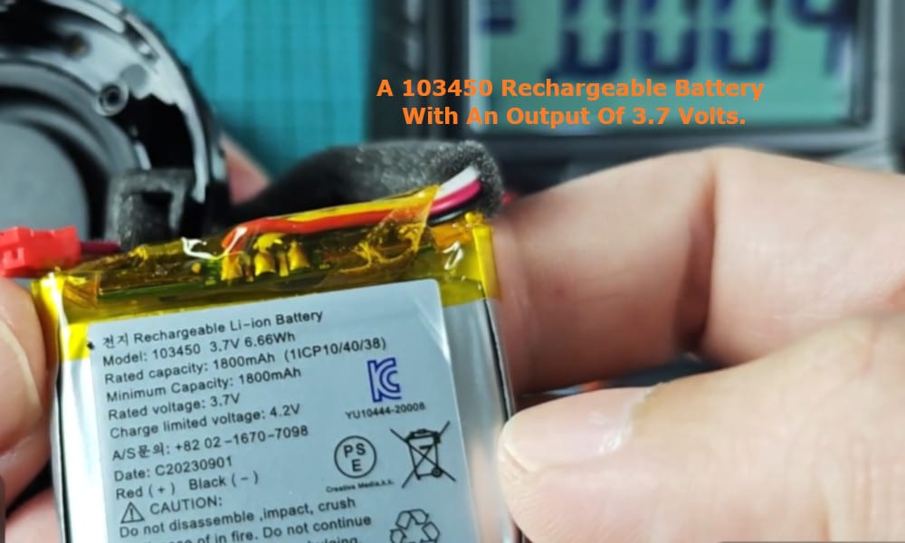 a 103450 rechargeable battery with an output of 3.7 volts.
