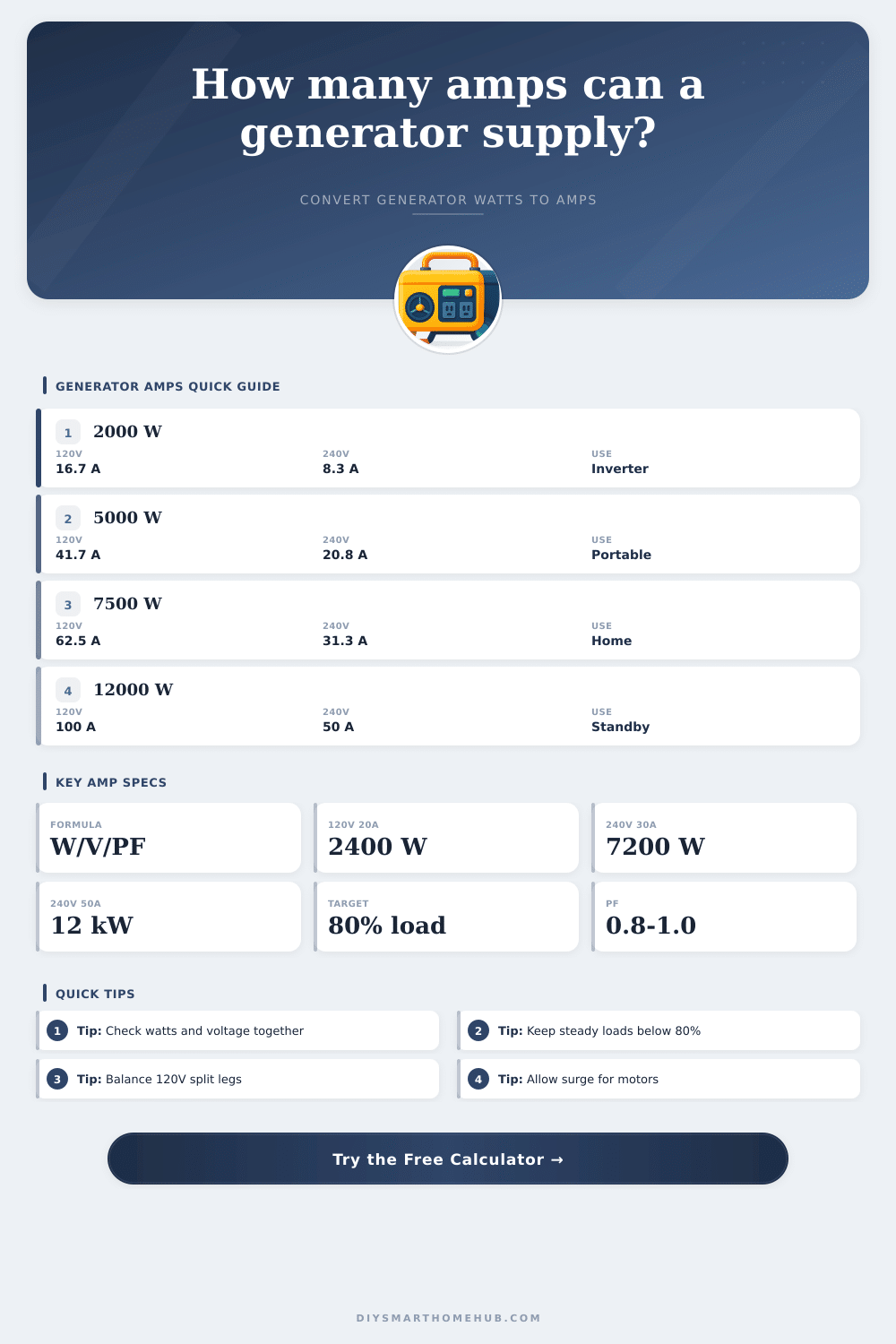 Generator Amps Calculator for Backup Power