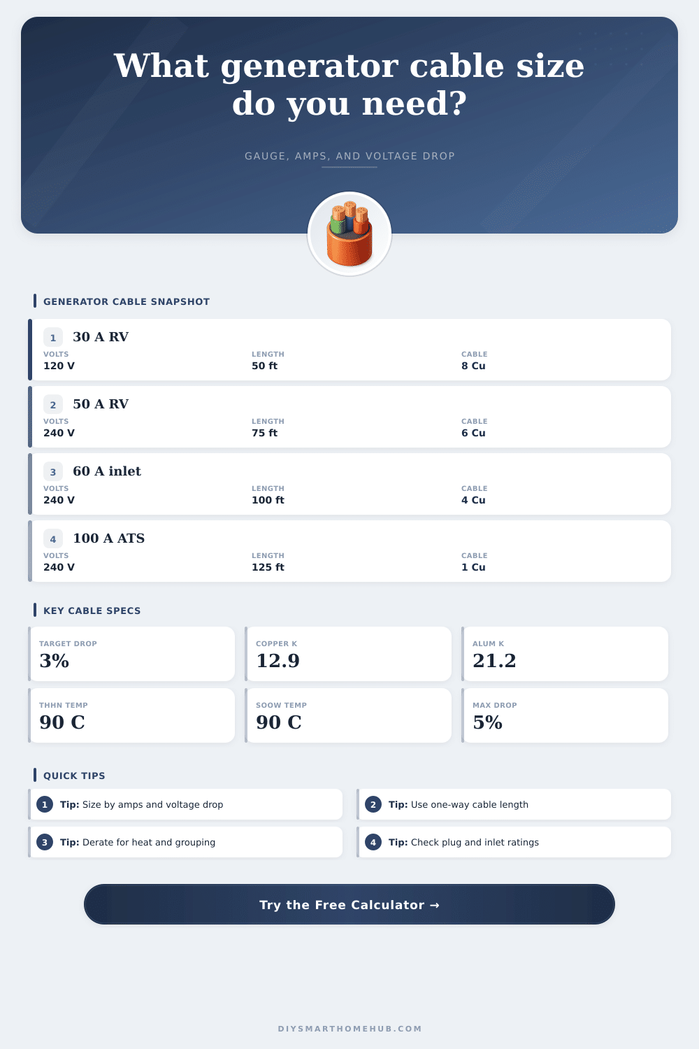 Generator Cable Size Calculator