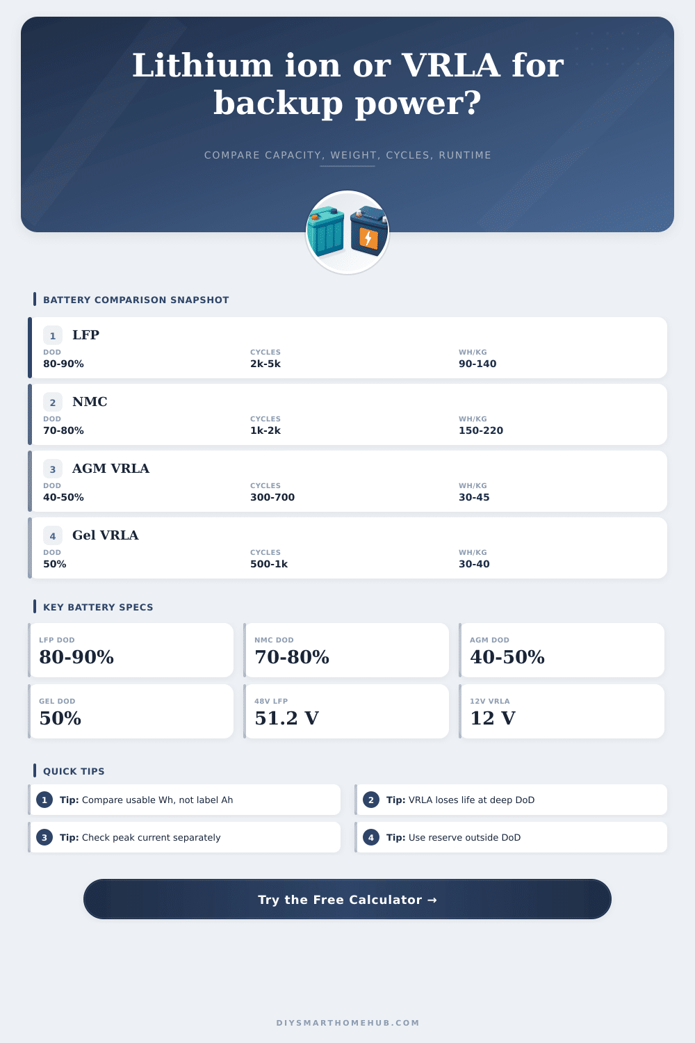 Lithium Ion vs VRLA Battery Comparison Calculator