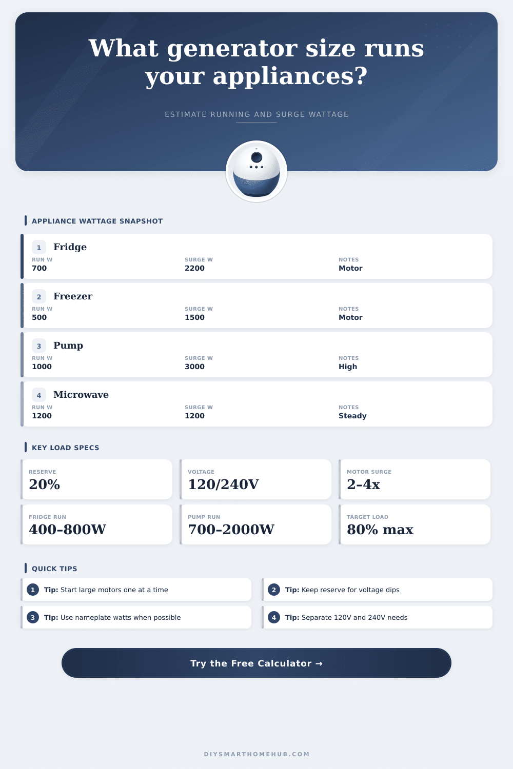 Generator Wattage for Appliances Calculator